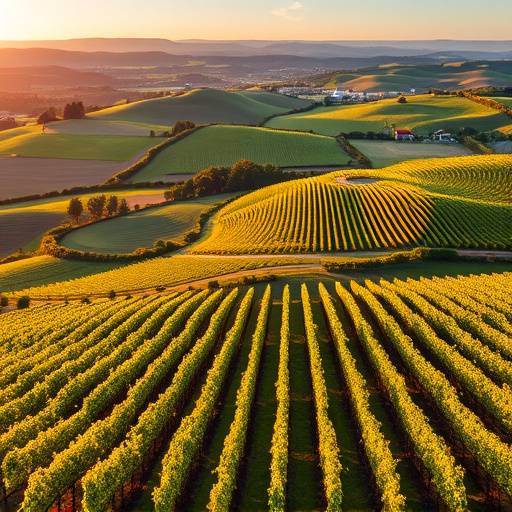 Photographie aérienne d'un vignoble dans le Beaujolais, montrant les rangées de vignes et le paysage vallonné.